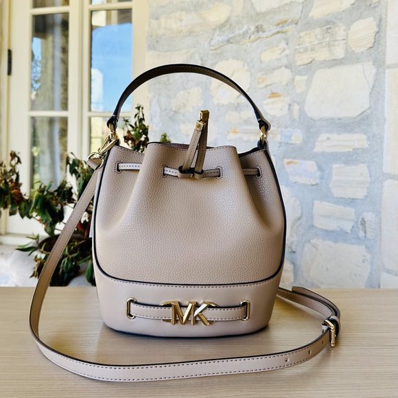 Michael Kors Reed Medium Bucket Messenger Bag/ LG Snap Wallet Leather Camel NWT - Picture 2 of 13